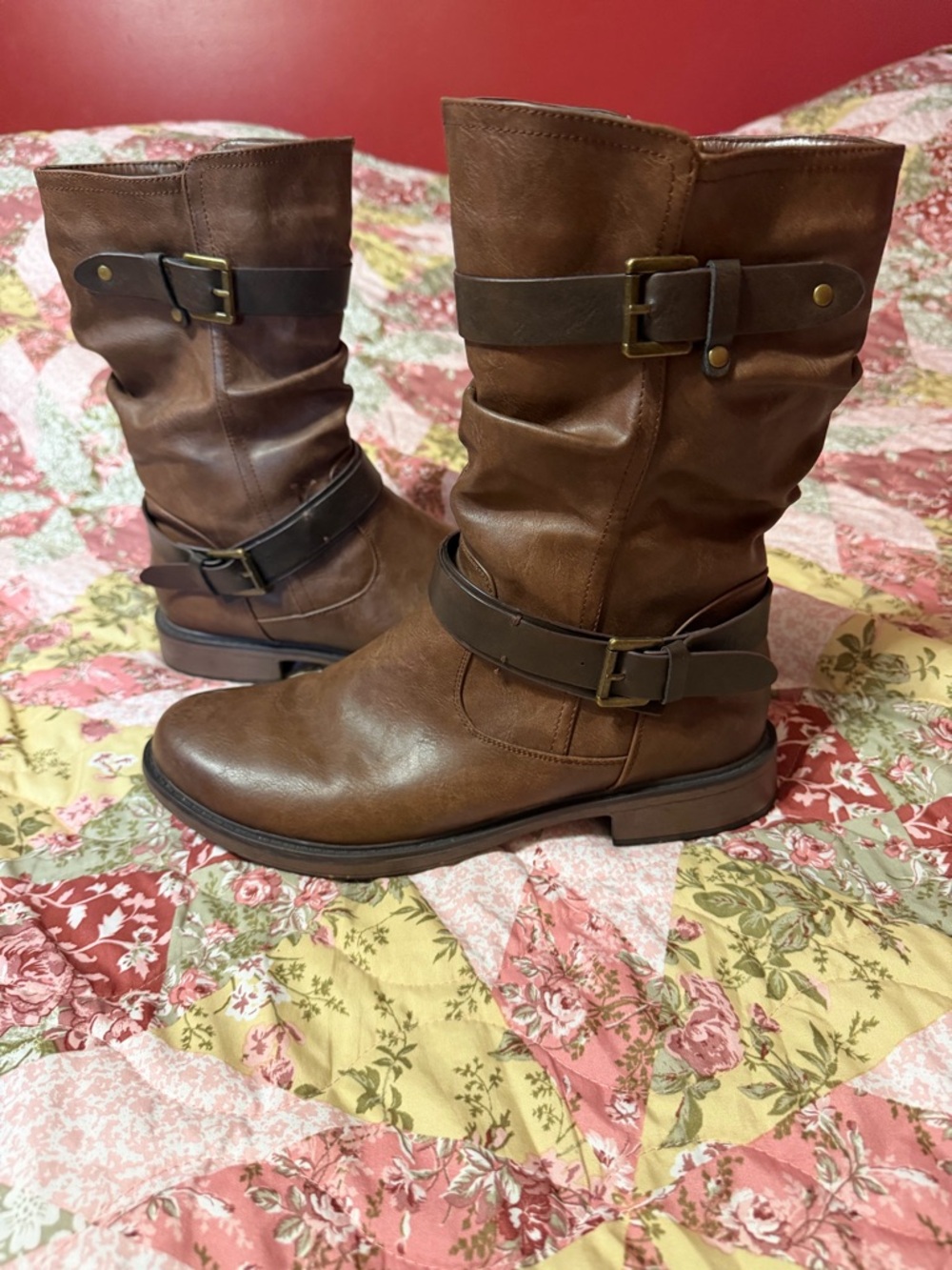 Women's Mid-Calf Brown Buckle Riding Boots